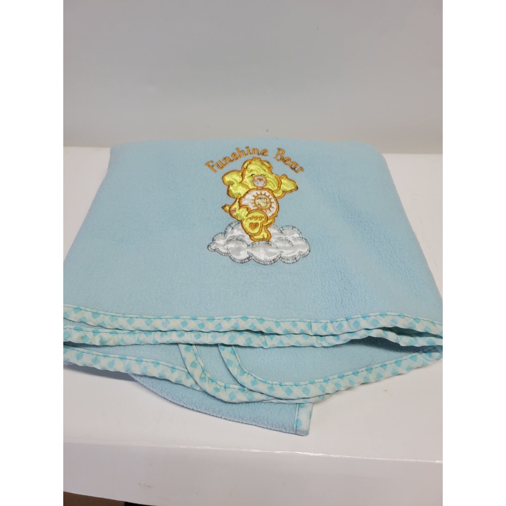 Vtg Care Bears Sunshine Bear Baby Blanket Blue Clouds Embroidered‎ Fleece 30x40